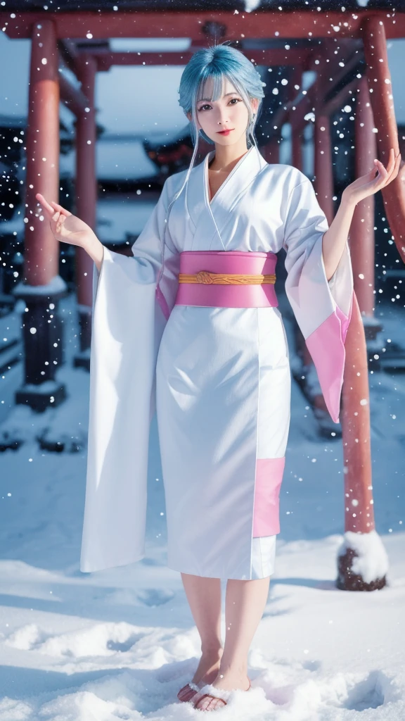 A perfectly tiled woman with long light blue hair wearing a traditional short white kimono with purple and pink accents. She stands in a snowy landscape with Japanese temples and shrines in the background. She is depicted with falling snow and cool colors. She has a calm and mysterious expression, and the overall mood is peaceful and tranquil.