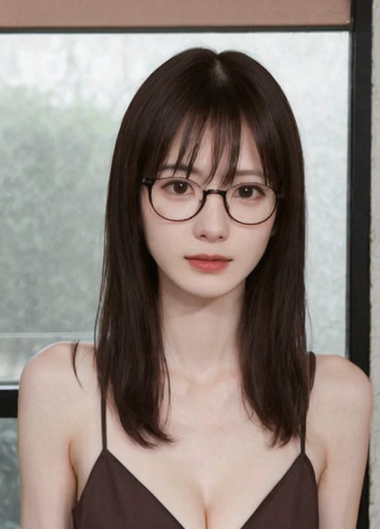 Browsing Caution:0.5, Solo portrait of one slender pale girl, Van, Long Hair, Cleavage, in a coffee shop、Wear glasses、Shirtless、Pointed nipples are visible、