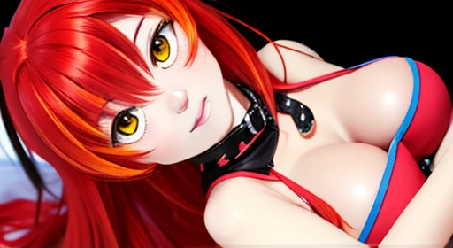 Anime Neko with vibrant red hair and very long hair, striking a cute and flirtatious pose while looking captivatingly at the viewer