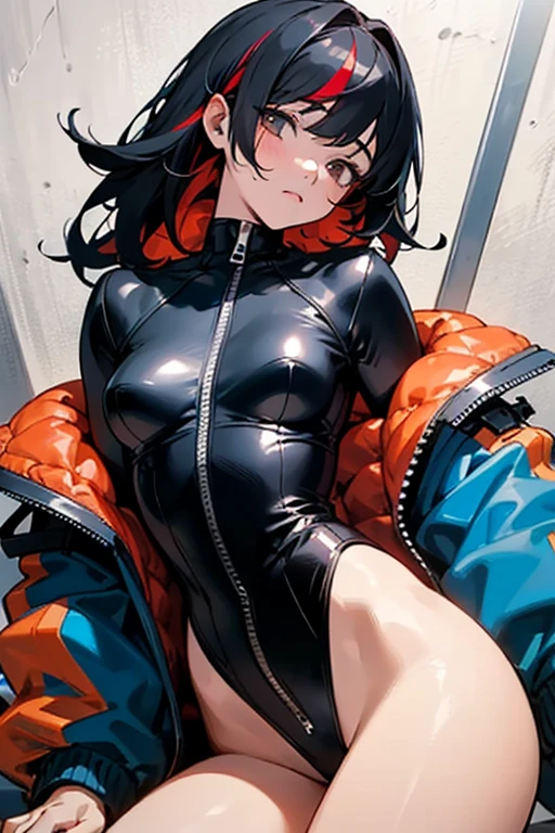 ((best quality)), ((masterpiece)), (detailed), 1girl, wearing unzipped jacket, black leotard, red resting tired eyes, black hair with a white streak on the right of bangs, right eye covered by bangs, waist up