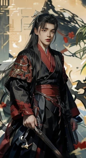 A warrior，length hair，Hanfu，Robe，gun，Handsome face shape，Fierce and evil，The eyes are murderous，extremely lifelike：1.2