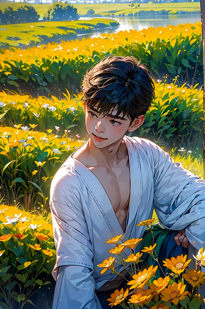 (in 8K、top-quality、masterpiece:1.2)、1 boy、short-haired、Hair short、Brown-skinned、Green View、