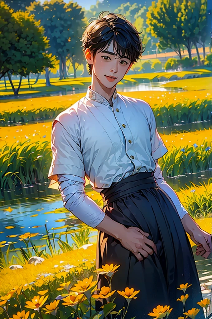 (in 8K、top-quality、​masterpiece:1.2)、1 boy、short-haired、Hair short、Brown-skinned、Green View、