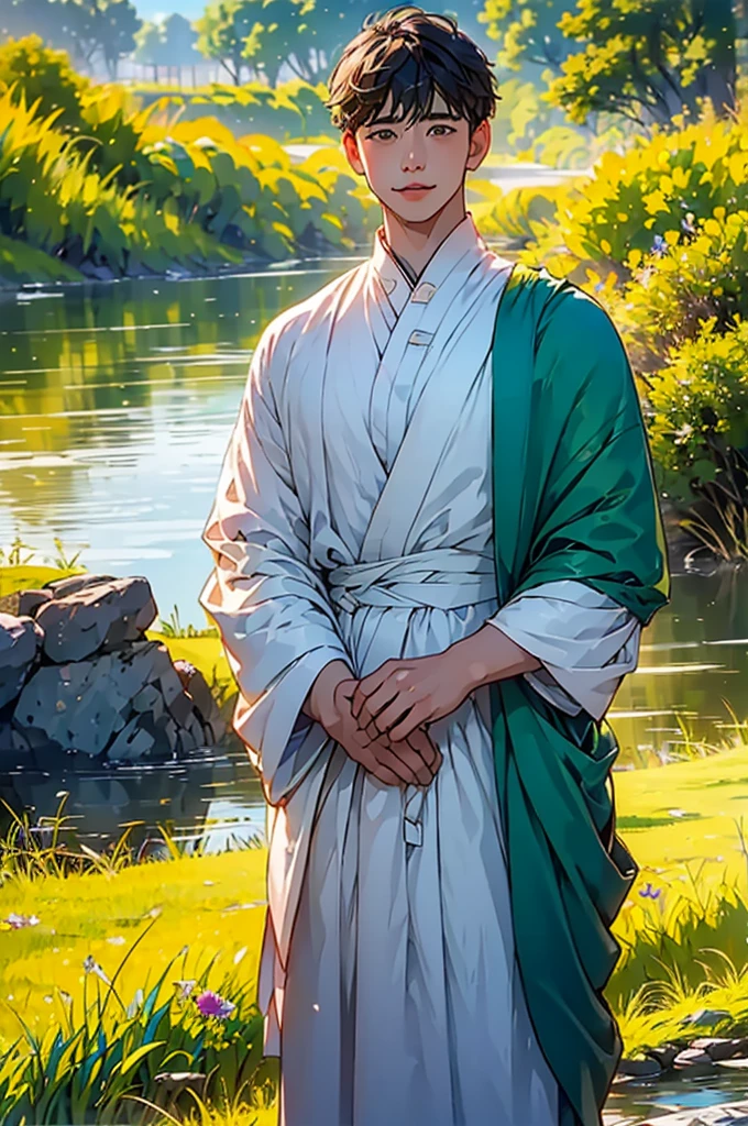 (in 8K、top-quality、​masterpiece:1.2)、1 boy、short-haired、Hair short、Brown-skinned、Green View、