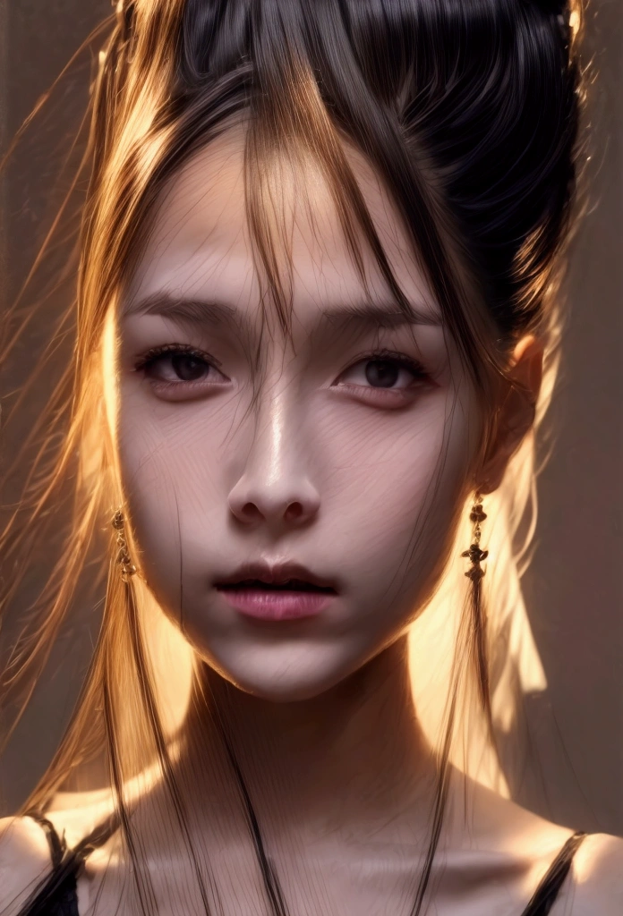 A beautiful girl with cornrows/bun hairstyle, face covered by a cloth, high contrast black and white, dramatic lighting, cinematic, chiaroscuro, oil painting, photorealistic, 8k, extremely detailed, masterpiece, studio lighting