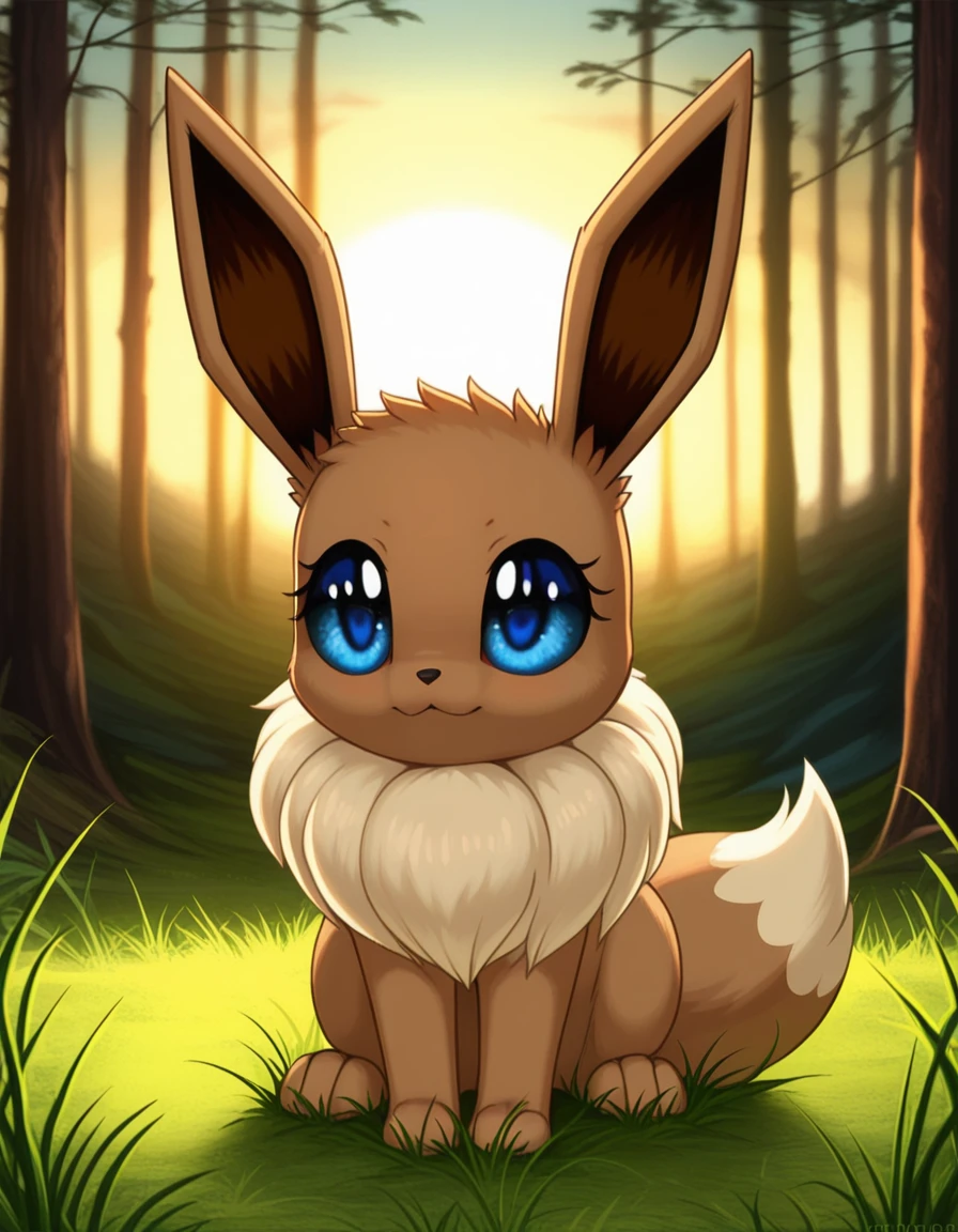 Eevee female, blue eyes, sit in grass, (forest), sunset, detailed, point mouth, big eyes, , cute, quadruped