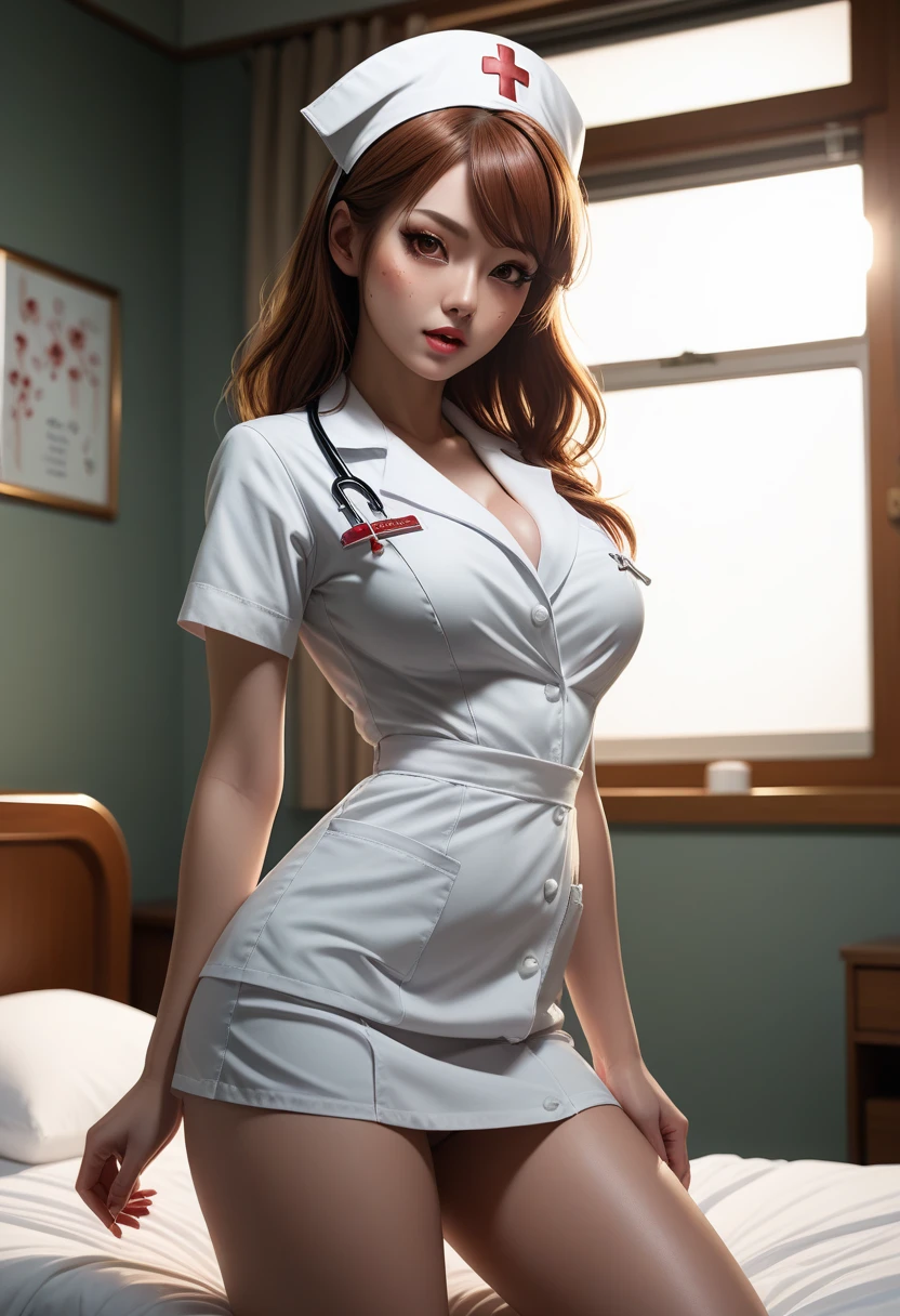 score_9, score_8_top, score_7_top, score_6_top, score_5_top, score_4_top, Full body portrait:1.4、Chestnut Hair、Beautiful zombie nurse、Captivating look、sexy、Wearing a tight white nurse uniform、Put on a nurse's cap、Detailed hospital room、Big syringe gimmick、Shooting from a low angle、(Highest quality、4K、8k、High resolution、masterpiece: 1.2)、Super detailed、(Real、Photorealistic: 1.37)、Intricate and highly detailed faces、Delicate facial features、Expressive eyes、beautiful long eyelashes、Cute button nose、Detailed lips、Ideal body type、Big Breasts、Narrow waist、Big Butt、Long limbs、Porcelain-like skin、sexyで優雅なポーズ、Dynamic Movement、Studio Lighting、Warm tones、Golden Hour、Glowing Skin、ether、erotic、