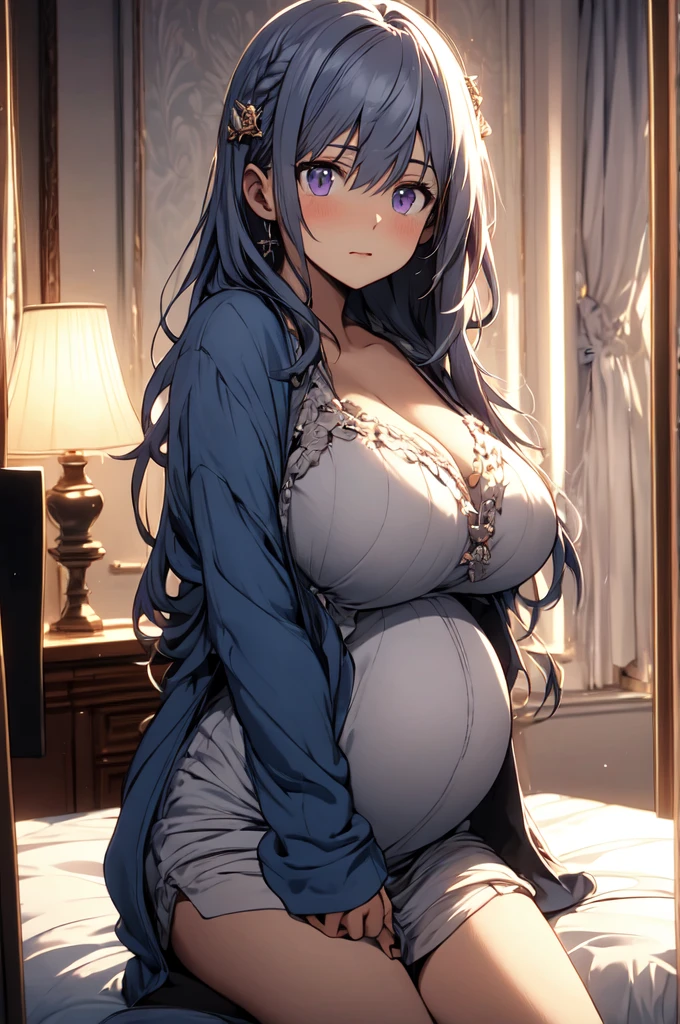 masterpIece,best qualIty,hIghly detaIled,
1gIrl,large breasts,long haIr,
Indoors,bedroom,pIllow,lamp,curtaIns,wIndow,:I,=3,1gIrl,purple haIr,sIdelocks,haIr ornament,purple eyes,hood down,whIte shIrt,black jacket,open jacket,center frIlls,Pregnant，Super huge breasts