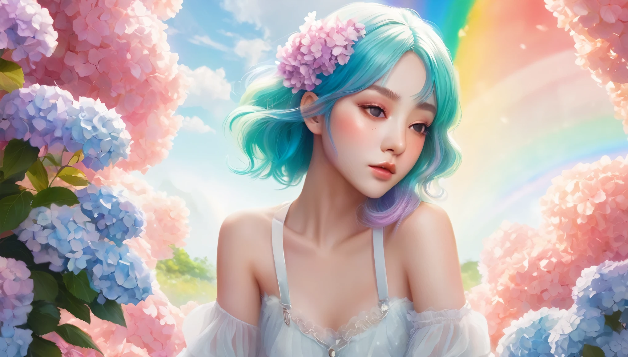 A beautiful anime girl with rainbow hair and eyes is resting in a magical garden. She is surrounded by pastel-colored hydrangeas, and a double rainbow arches over the scene. The style is light and dreamy, with a soft focus and ethereal quality.