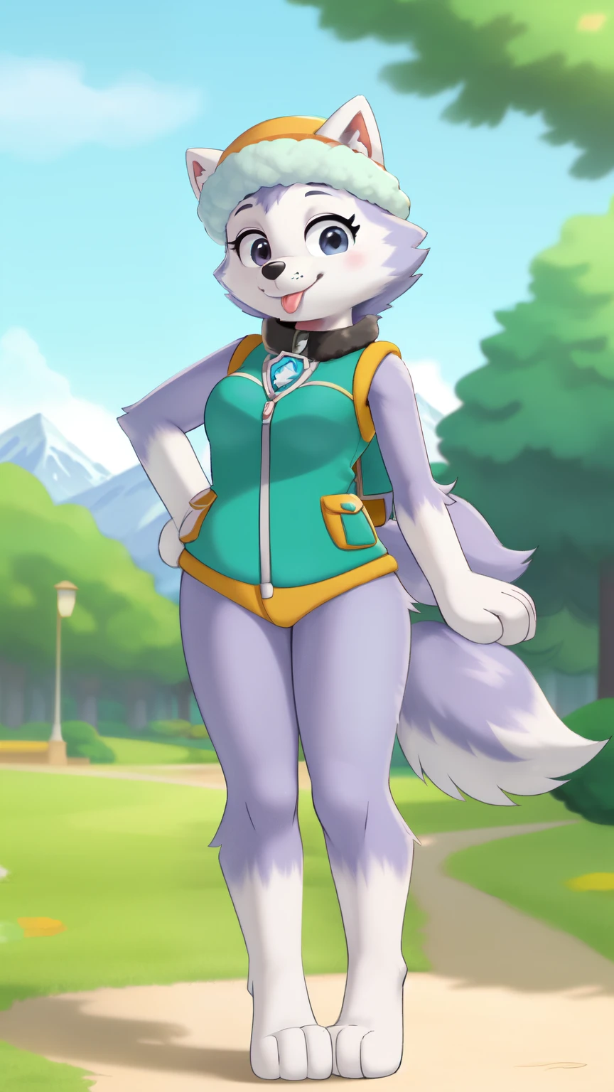 female, solo, female focus, looking at viewer, three-quarter portrait, smile, ((blep)), furry, anthro, 
small breasts, skinny, 
everestpawpatrol, everest \(paw patrol\), raised tail, tailwag, detailed body fur, detailed eyes, detailed face, gorgeous body, shiny body fur, glistering body fur,
hat, collar, vest, clothed animal,
park, outside, blue sky, sun, sunlight, full body, feets with three toes, standing,