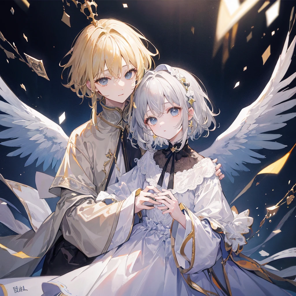 (T Masterpiece、Extremely high quality、high resolution、Best Quality)、boy、Princes and princesses、Blonde and gray hair、short-haired and long-haired、2 people、cute、Dark and light background、A magical world
