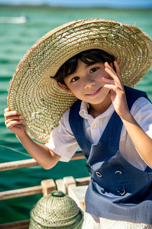 Highest quality,4K,Cowboy Shot:1.5,(Fisherman Boy、Straw hat,Cute eyes:1.5),A Java sparrow is sitting on the palm of my hand.、Boy with fishing equipment、port、Gazing at the Sea、(Emerald Green Sea,Sun reflection,The water surface is sparkling:1.5,)Very beautiful scenery,Seagulls are flying,Cute boy、