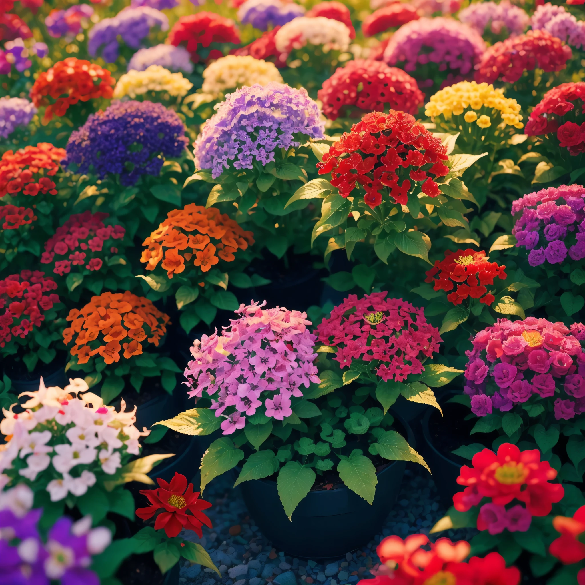 a close up of a planter with red flowers in a garden, lobelia, red and magenta flowers, ❤🔥🍄🌪, ( visually stunning, salvia, very stylized, purple and red flowers, very colourful, purple and scarlet colours, beautiful composition, beutiful!, by Albert Bertelsen, highly colorful, nice deep colours, red flowers