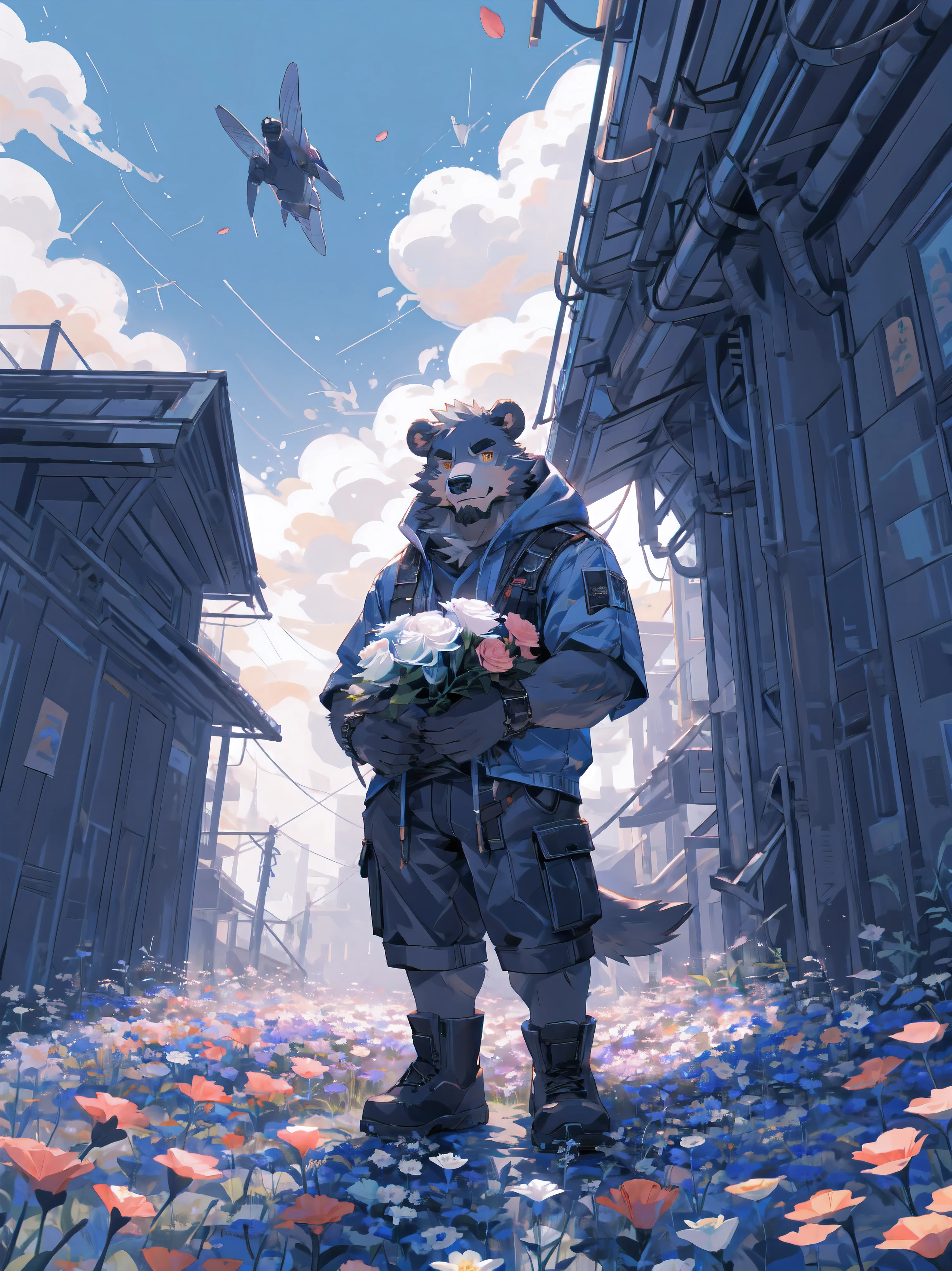 ultra-detailed,extremely detailed and beautiful, sky and white cloud and sunset glow background,ultra-detailed birds, (floating city in bloom, Floating petals, blooming gardens in the sky, many vines on the wall:1.2),Imagination,(masterpiece:1.2), best quality,pixiv,official art,perfect ???????, (Ray tracing, light),solo, (1_male:1.3) , (muscle), (grey fur:1.4), (muscle bear), (beard:1.2), (gleaming golden eyes), bear tail, full body, Thick black eyebrows, (open short hoodie), (????? inside),cargo shorts, black short boots, (pure white background: 1.3), looking at viewer,dynamic pose, (holding a bouquet:1.3)