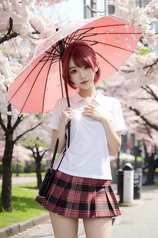 A bright Japanese girl with short pink hair, a sexy figure, wearing a white  and a black and red plaid short skirt, stands with an umbrella under a cherry blossom tree.