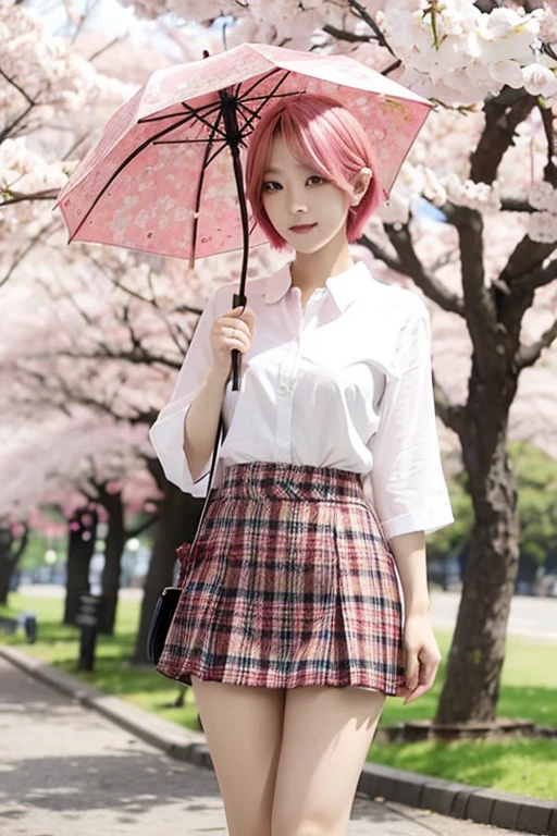 A bright Japanese girl with short pink hair, a sexy figure, wearing a white  and a black and red plaid short skirt, stands with an umbrella under a cherry blossom tree.