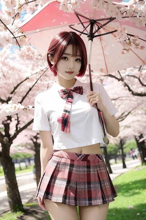 A bright Japanese girl with short pink hair, a sexy figure, wearing a white  and a black and red plaid short skirt, stands with an umbrella under a cherry blossom tree.