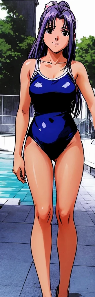 Momoko Koigakubo, a tall girl with beautiful legs, is standing by the pool with a smile in a blue high-cut swimsuit.。