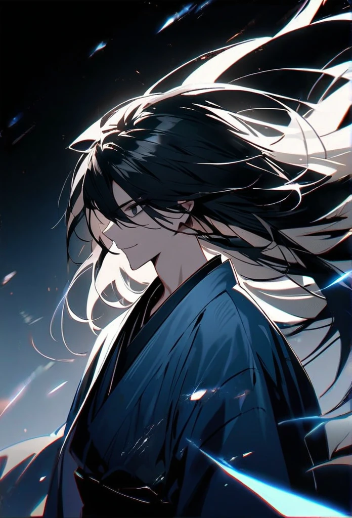 Japanese。male。Sharp Black Eye。Very long black hair。Plain blue kimono(Dressed in kimono)。A strong wind blows my hair back。Cover your eyes with hair。Stand up straight。Background is blue white light。Sparks。Fearless smile。Ruthless atmosphere。