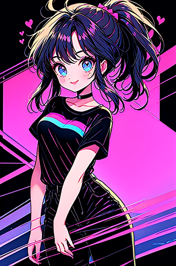 Highest quality,smile,woman,woman1人,cute,ponytail,Black Hair,Light blue eyes, Black T-shirt,Black shorts,Piercing,Black choker, Pink background,