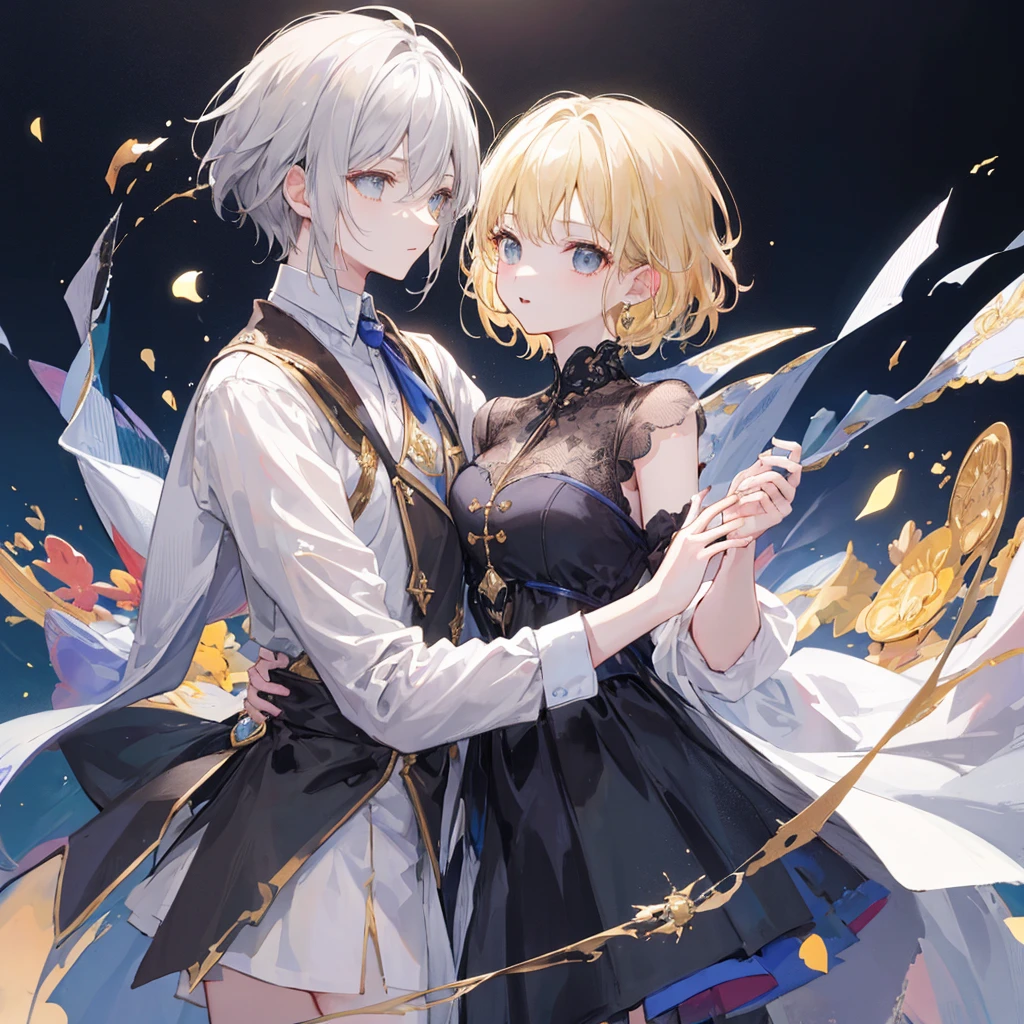 (T Masterpiece、Extremely high quality、high resolution、Best Quality)、boy、金髪のboyと白髪の女の子、Princes and princesses、Blonde and gray hair、short-haired and long-haired、2 people、cute、Dark and light background、A magical world