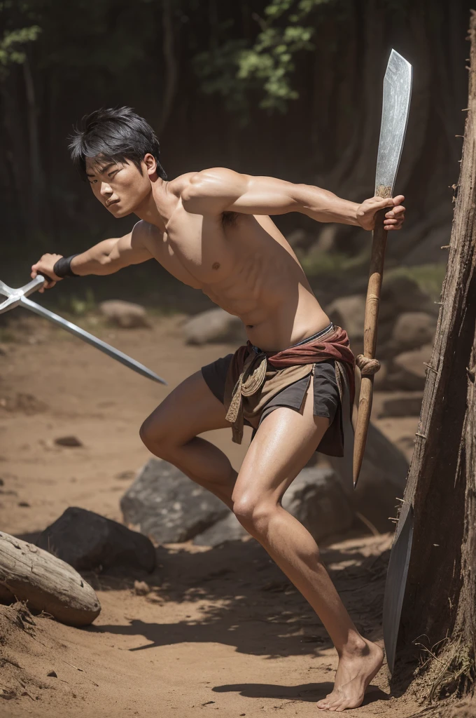 A warrior facing sideways to the right, with an anteroposterior foot positioning, holding an ax in his right hand and a spear in his left hand