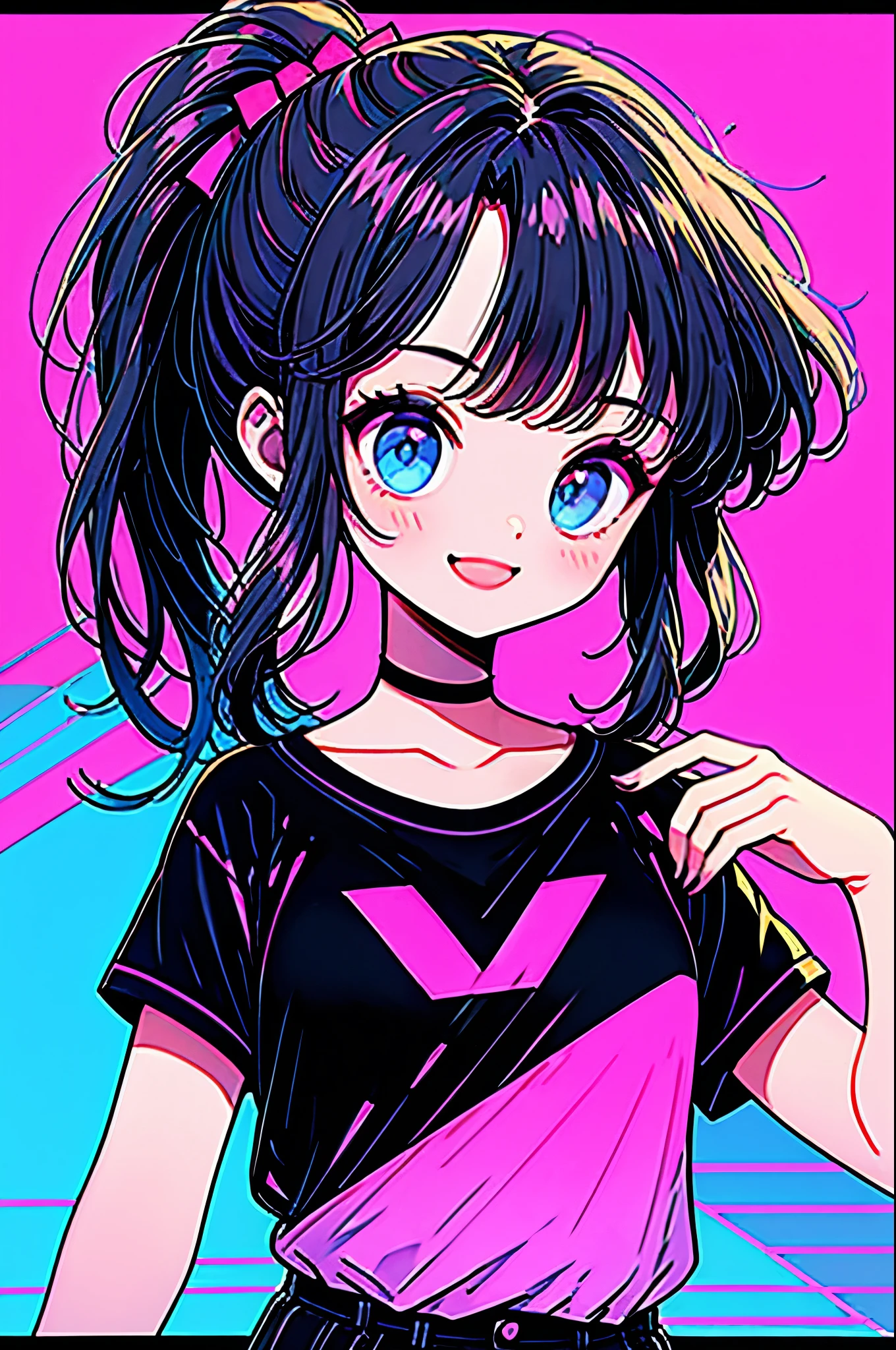 Highest quality,smile,woman,woman1人,cute,ponytail,Black Hair,Light blue eyes, Black T-shirt,Black shorts,Piercing,Black choker, Pink background,