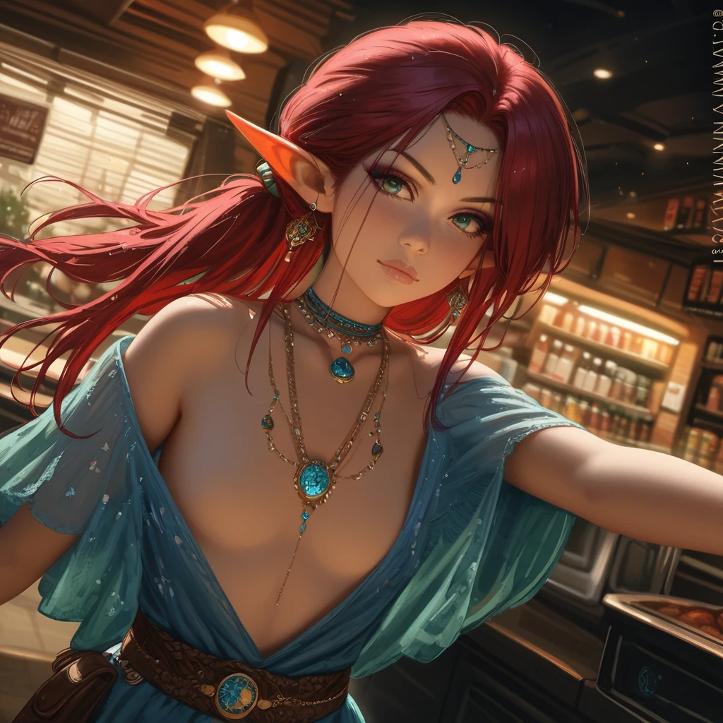 (((Redhead elf))) wolf-girl, ((beautiful perfect )), flat_chest, highest realism, photographic_detail, perfect_clarity, perfect_detail, nai4, warm_lighting, detailed_ambiance, ((perfect_flat_chest)), ((8k resolution)). ((ultra realistic by Sciamano240 and Carne Griffiths)). ((volumetric lighting from front by Marton Bobzert)). ((super wide angle)). high detail. sharp focus. ((photorealistic by Ed Blinkey)). makeup. ((small)). oiled skin. tanlined skin. (waist chain). (body_jewelry)