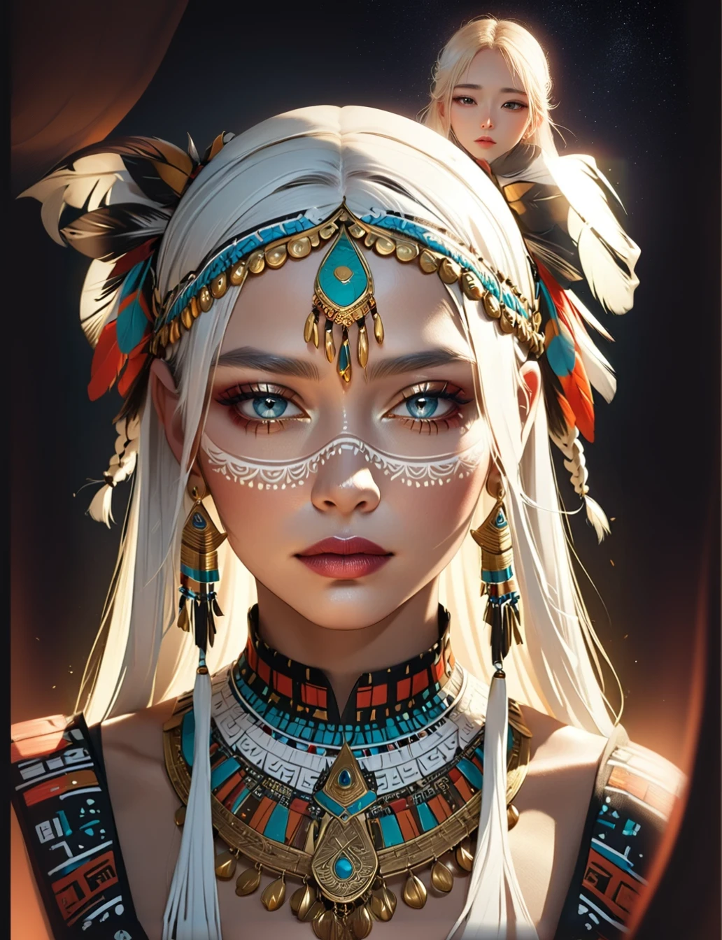 intricate detailed portrait of a beautiful long white braided hair tribal woman, extremely detailed face and features, beautiful eyes, elegant makeup, full lips, high cheekbones, busty, wearing ornate tribal jewelry and clothing, dramatic lighting, detailed skin texture, dramatic lighting, hyper realistic, award winning digital art, cinematic composition, masterpiece