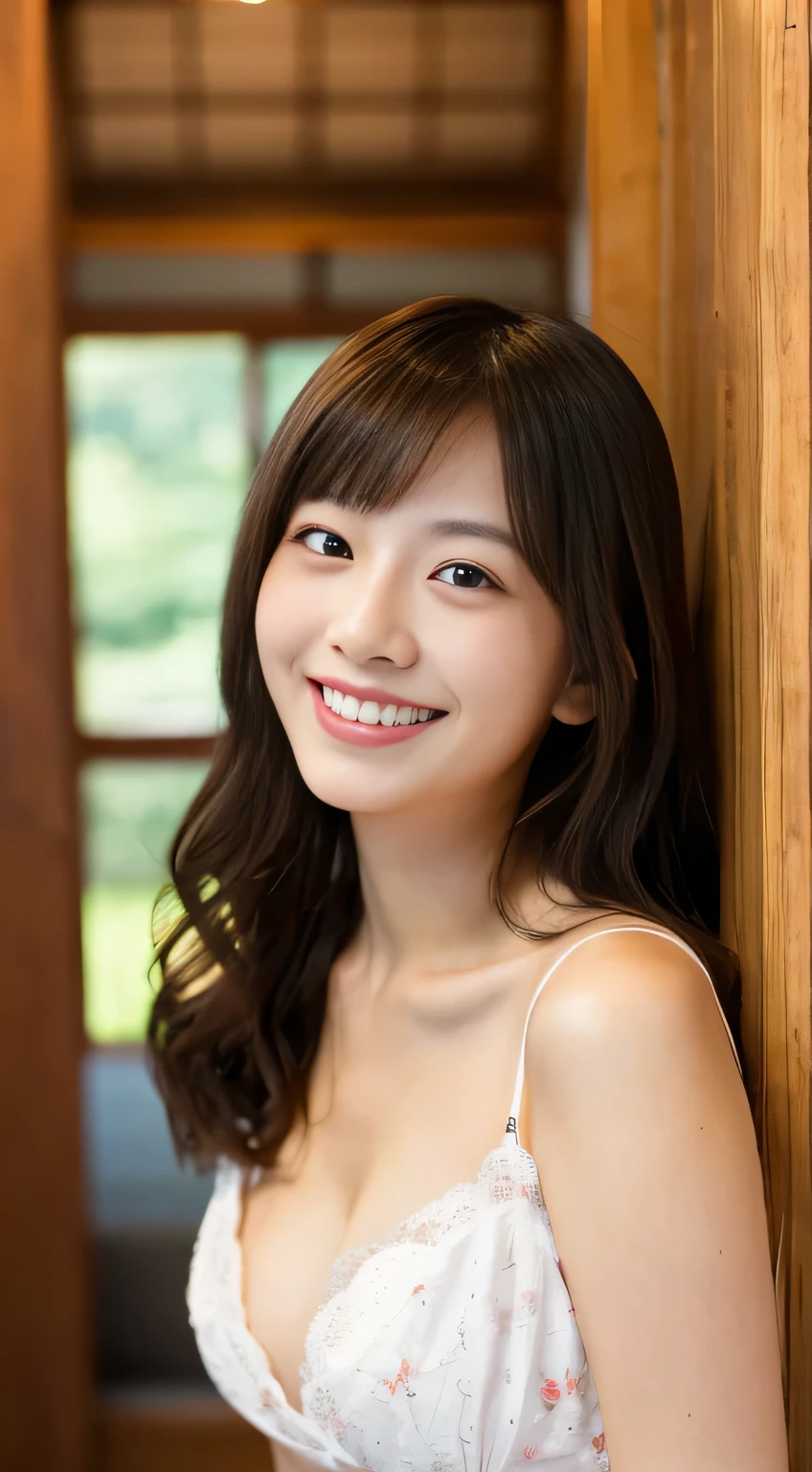 masterpiece,best quality,(Japanese girl),((Beautiful girl)),cleavage,indoor,(perfect body beauty:1.2),(shy smile),beautiful teeth,