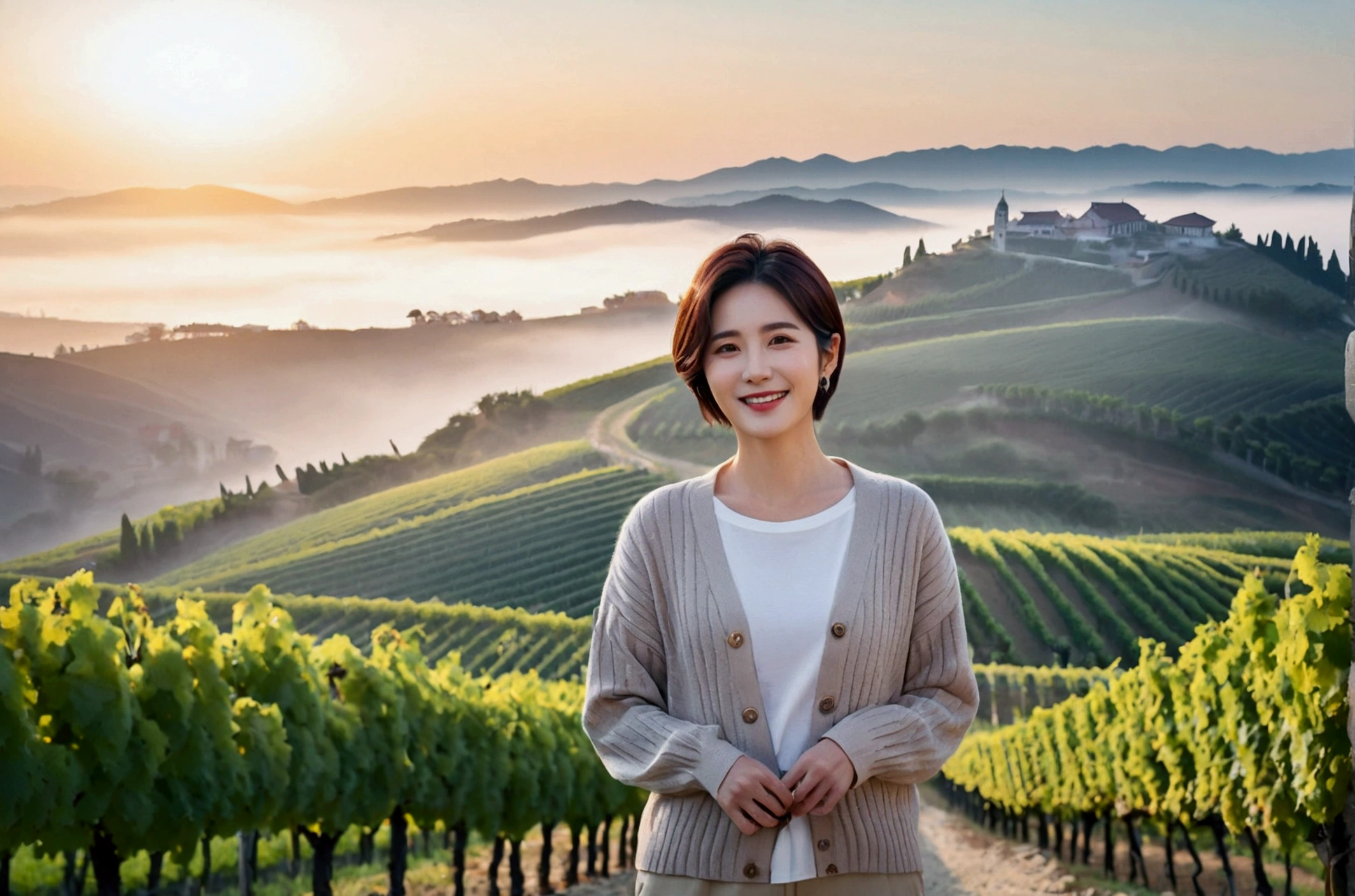 Intentional quality, In 8K, 32K, Photo of a beautiful 36-year-old Korean woman, short medium hair, Inspired by Son Ye-jin, whole body, face focus, Shirt that goes up to the neck and a short cardigan from a luxury brand, beige casual pants, Italian countryside vineyard background, Ranged、make a happy face, 새벽 진한 한개속 The cathedral is visible in the distance, There is thick fog, path, looking up the side, Wear a shirt that covers your chest, The cathedral is visible in the distance, Photo of endless vineyard scenery, look up the side. thick dawn fog, Well-groomed hair, Photo of an elegant and modest woman, Endless vineyards, Vivid picture quality, Clear picture quality, 언덕 위 path, 1 woman, colonnade가 있는 휘어진 path 언덕에서 바라본다. colonnade, The waist area is visible. 휘어진 path에 서있다, colonnade가 있는 어덕길에 서있다, Looking down on the vineyard from the hill, The cathedral is visible in the distance,, 휘어진 path, White shirt and short Myeongmum brand cardigan, three-dimensional shape of grape leaves, Wide angle lens close-up shot, Express your fingers carefully, Express your fingers accurately