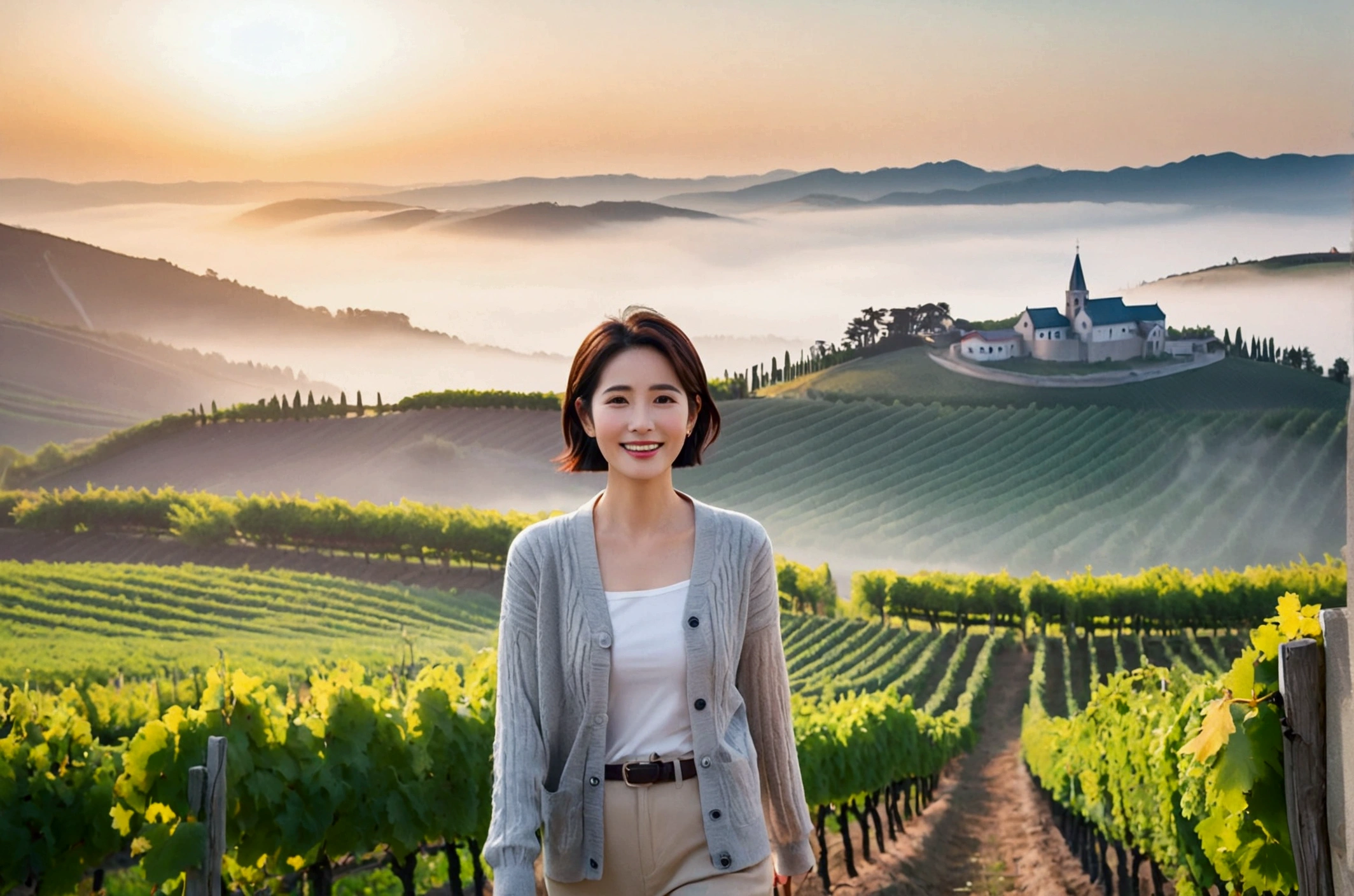 Intentional quality, In 8K, 32K, Photo of a beautiful 36-year-old Korean woman, short medium hair, Inspired by Son Ye-jin, whole body, face focus, Shirt that goes up to the neck and a short cardigan from a luxury brand, beige casual pants, Italian countryside vineyard background, Ranged、make a happy face, 새벽 진한 한개속 The cathedral is visible in the distance, There is thick fog, path, looking up the side, Wear a shirt that covers your chest, The cathedral is visible in the distance, Photo of endless vineyard scenery, look up the side. thick dawn fog, Well-groomed hair, Photo of an elegant and modest woman, Endless vineyards, Vivid picture quality, Clear picture quality, 언덕 위 path, 1 woman, colonnade가 있는 휘어진 path 언덕에서 바라본다. colonnade, The waist area is visible. 휘어진 path에 서있다, colonnade가 있는 어덕길에 서있다, Looking down on the vineyard from the hill, The cathedral is visible in the distance,, 휘어진 path, White shirt and short Myeongmum brand cardigan, three-dimensional shape of grape leaves, Wide angle lens close-up shot, Express your fingers carefully, Express your fingers accurately