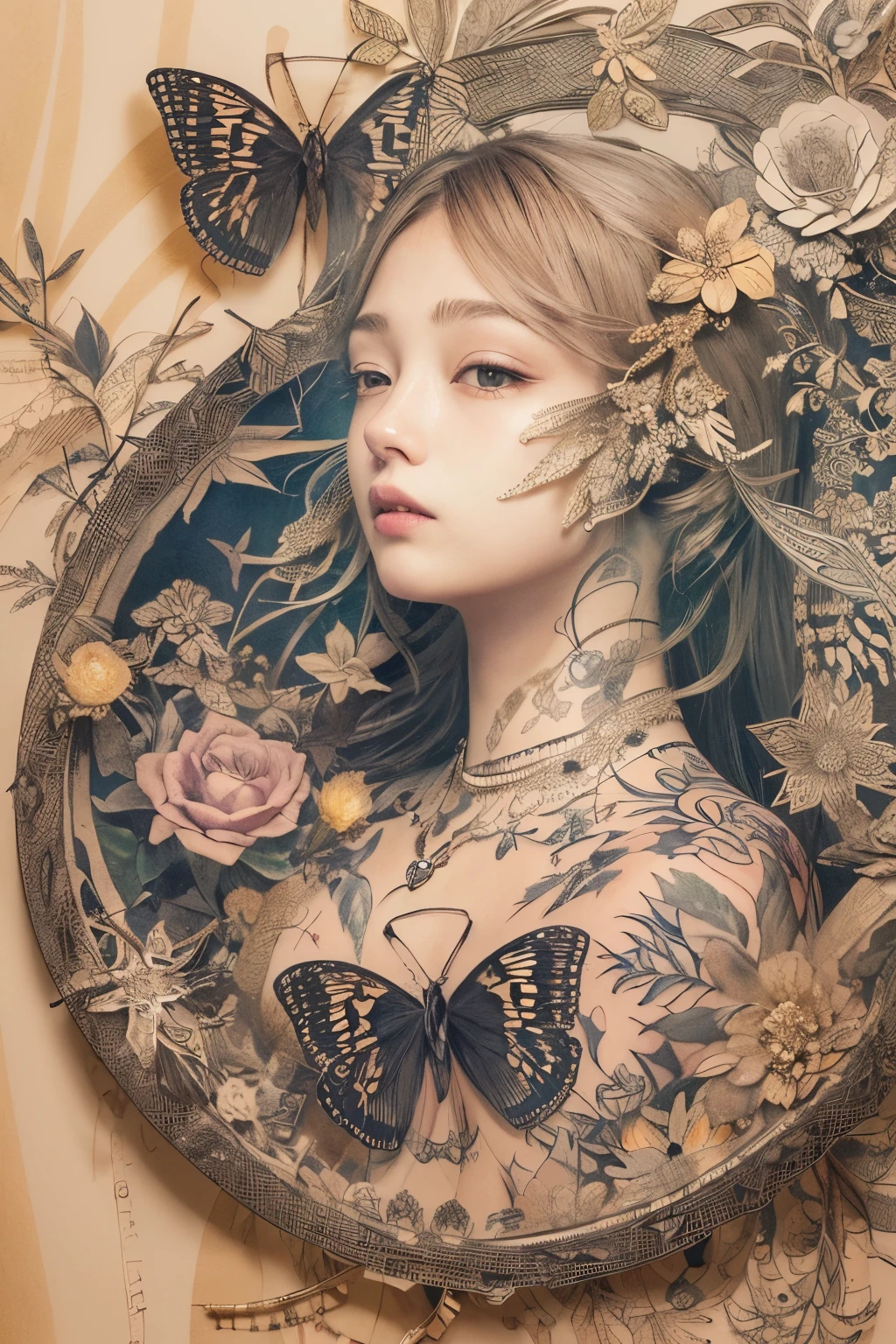 ((((masterpiece))), tattoo、Highest quality, An illustration, Beautiful details shine,
paper_cut, The details of a fragile girl's face captured on camera, wood, moon, butterfly,Wind、star、spider、Ladybug、centipede