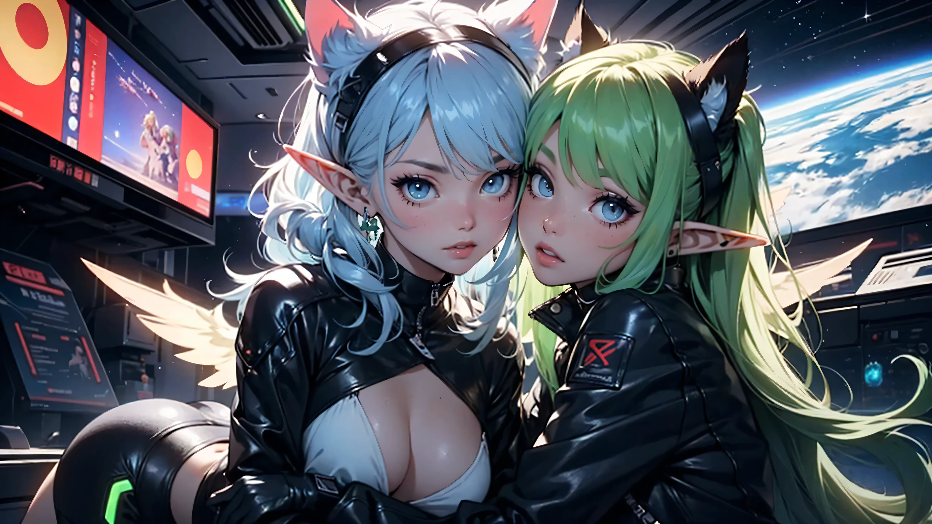 fractal sunset, infinite clouds, cute elf girl, 2 girls, extremely long neon light blue hair, cyber outfit, extreme abs, artistic style, cat ears, space tentacles, dramatic, , nake clothes, hugging, kissing, cosmic wonders, cute, transcedental magical space, beautiful girl, cute face, extreme abs, skinny, perfect body, cat ears, elf, secret laboratory, genetic experiments, naked, nuo clothcyberpunk, elf girl, cat ears, neon green hair, wings, electronic wings, cute face, city, lightning strike, dramatic, bikini, cyber robot companion sphere, a cute elf girl, cute face, on a beach, lying down, cat ears, neon red and black hair, extreme abs, lens flare, beautiful scene, cluttered scene, sea shells, palm trees, ornamental, detailed, spirit animal, glowing, starlight, divine, complex scene, cluttered scene, spirit animal, divine animal, glowing ancient symbols of wisdom, neurotic, summoning circle, ritual of fertility,two beautiful skinny girls, kissing and cuddling playing together, transparent jacket, space buns,