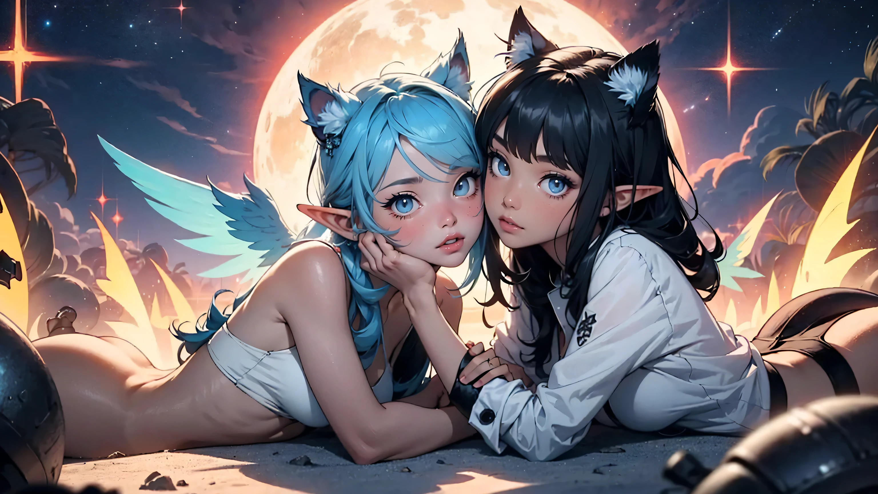 fractal sunset, infinite clouds, cute elf girl, 2 girls, extremely long neon light blue hair, cyber outfit, extreme abs, artistic style, cat ears, space tentacles, dramatic, nude, naked, no clothes, hugging, kissing, cosmic wonders, cute, transcedental magical space, beautiful girl, cute face, extreme abs, skinny, perfect body, cat ears, elf, secret laboratory, genetic experiments, naked, nude, no clothes, cyberpunk, elf girl, cat ears, neon green hair, wings, electronic wings, cute face, city, lightning strike, dramatic, bikini, cyber robot companion sphere, a cute elf girl, cute face, on a beach, lying down, cat ears, neon red and black hair, extreme abs, lens flare, beautiful scene, cluttered scene, sea shells, palm trees, ornamental, detailed, spirit animal, glowing, starlight, divine, complex scene, cluttered scene, spirit animal, divine animal, glowing ancient symbols of wisdom, neurotic, summoning circle, ritual of fertility,two beautiful skinny girls, kissing and cuddling playing together, transparent jacket, space buns,