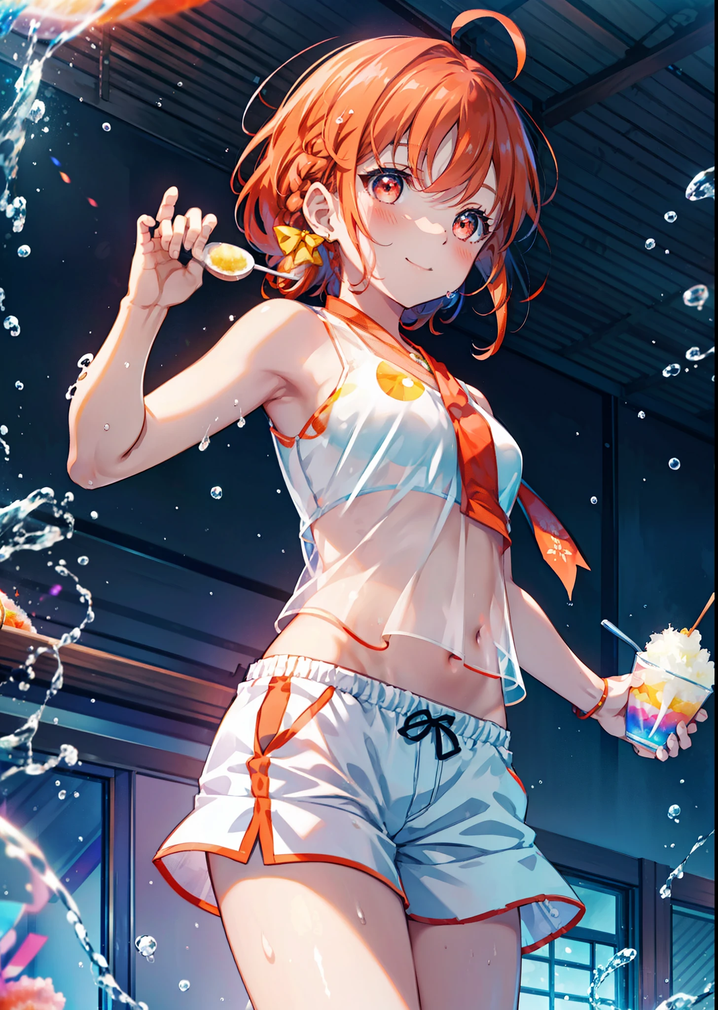 Takahai Chige,Orange Hair,Red eyes,smile,blush,Open your mouth,Long Hair,Ahoge,Orange tank top,Shorts,barefoot,Eating shaved ice in a glass bowl with a spoon on the table, Rainbow colors　　　　　　　　　break indoors, room, 　　　　　　　　　　　　break looking at viewer, whole body, (Cowboy Shot:1. 5)　　　　　　　　　　　　　　　　　　break (masterpiece:1.2), Highest quality, High resolution, unity 8k wallpaper, (shape:0.8), (Beautiful attention to detail:1.6), Highly detailed face, Perfect lighting, Extremely detailed CG, (Perfect hands, Perfect Anatomy),