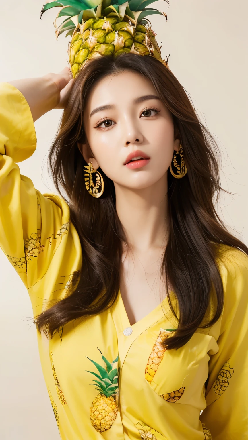 (Real, Highest quality, High resolution :1.3), One girl with a perfect body, Very beautiful face and eyes, Korean Beauty, (Slanted Eyes), Yellow long hair, (Pineapple on top of head:1.2), Oversized pineapple print shirt, Pineapple Earrings