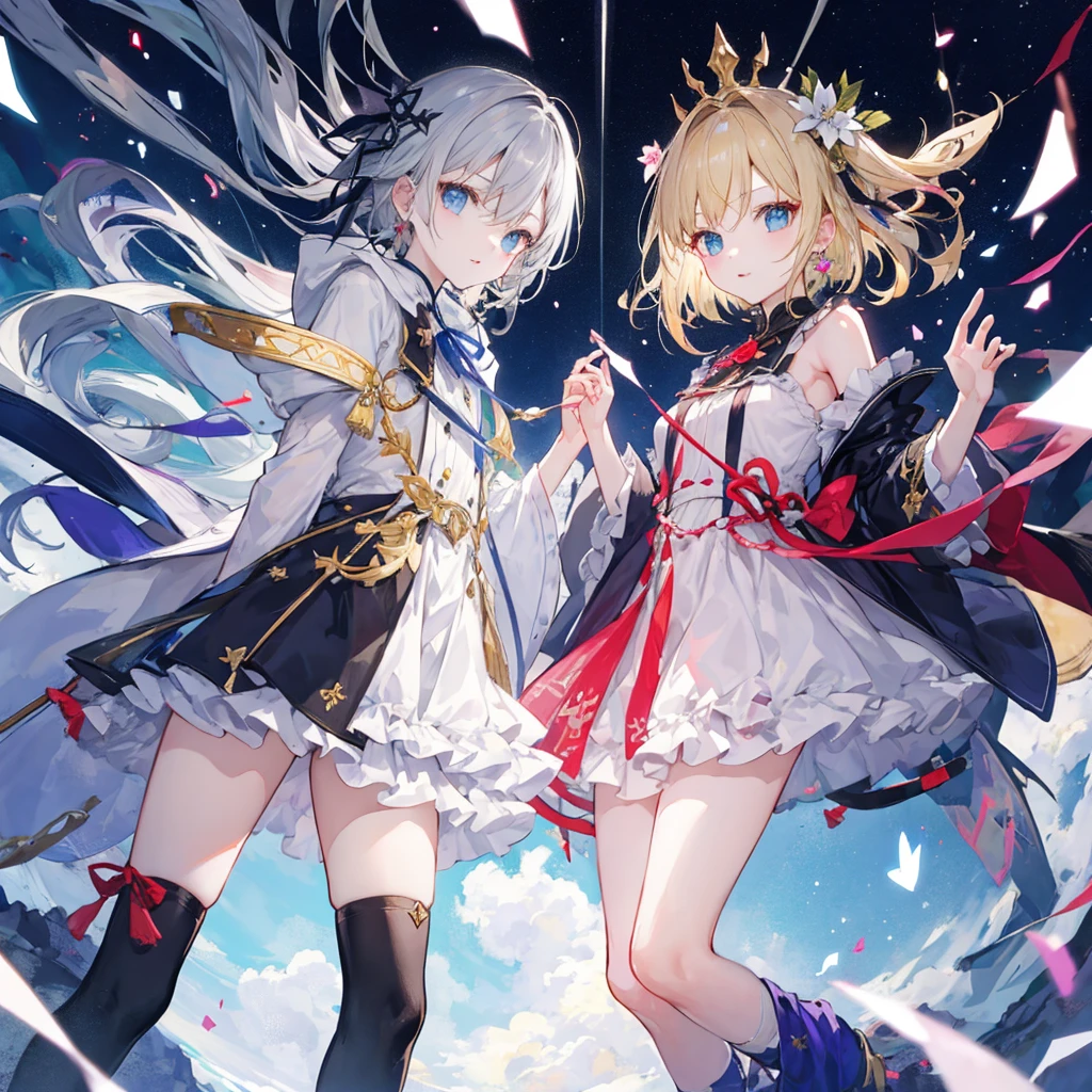 (T Masterpiece、Extremely high quality、high resolution、Best Quality)、boy、金髪のboyと白髪の女の子、Princes and princesses、Blonde and gray hair、短髪のboyと長髪の女の子、2 people、cute、Dark and light background、A magical world
