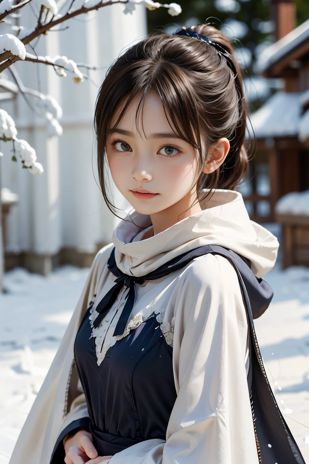 masterpiece, (highest quality: 1.2), (Super fine: 1.2), figure, (very delicate and beautiful: 1.2), film angle, floating, (beautiful detail eyes: 1.1), (detail light: 1.1), film light, delicate sky, woman, gray hair,(high ponytail: 1.1), cloak, shining eyeoon: 1.2), (moonlight: 1.1), starry sky, (particles of light: 1.1), fog , snow painting, sketch, bloom,Wind Flowers on a Clear Sky,cape,Powdery snow flurries on a clear day,The wind is blowing,Snow is falling,Women have the fortitude to endure sadness,37yo woman,Casual wear,Sad feelings,Dancing snow,The pain of losing a man,cape,悲しみのcape,A cheap, mass-produced, plain dress,A typical cheap dress,