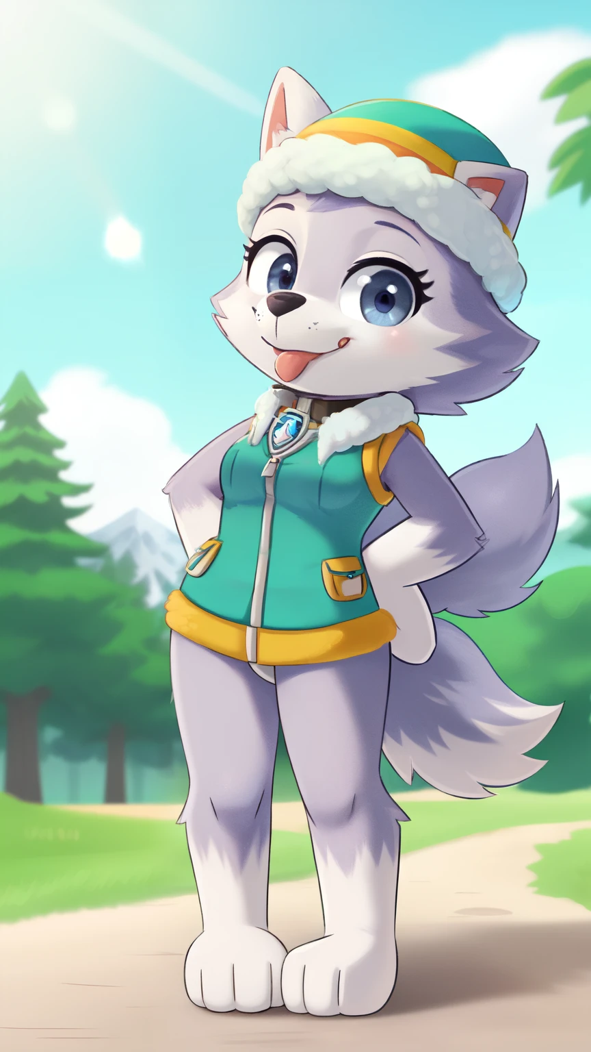 female, solo, female focus, looking at viewer, three-quarter portrait, smile, ((blep)), furry, anthro,
small breasts, skinny,
everestpawpatrol, everest \(paw patrol\), raised tail, tailwag, detailed body fur, detailed eyes, detailed face, gorgeous body, shiny body fur, glistering body fur,
hat, collar, vest, clothed animal,
park, outside, blue sky, sun, sunlight, full body, feets with three toes, standing, short body, tiny body,