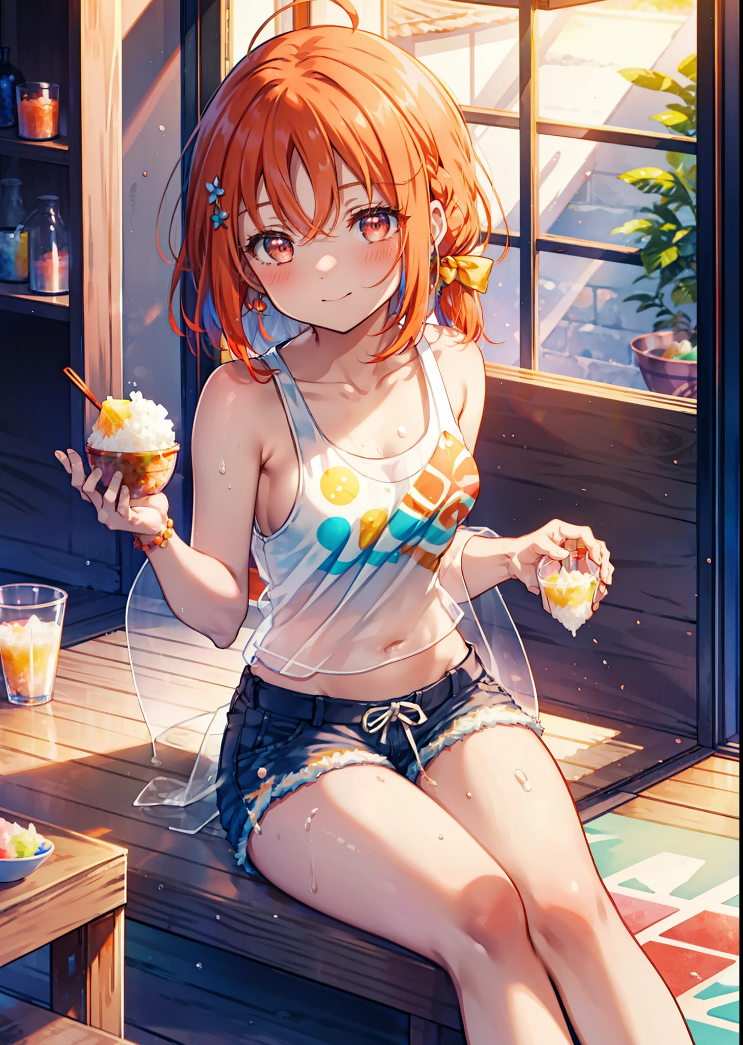Takahai Chige,Orange Hair,Red eyes,smile,blush,Open your mouth,Long Hair,Ahoge,Orange tank top,Shorts,barefoot,Eating shaved ice in a glass bowl with a spoon on the table, Rainbow colors,Sitting in a chair, break indoors, room, break looking at viewer, whole body, (Cowboy Shot:1. 5) break (masterpiece:1.2), Highest quality, High resolution, unity 8k wallpaper, (shape:0.8), (Beautiful attention to detail:1.6), Highly detailed face, Perfect lighting, Extremely detailed CG, (Perfect hands, Perfect Anatomy),