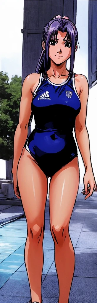 Momoko Koigakubo, a tall girl with beautiful legs, is standing by the pool with a smile on her face in a blue high-cut competitive swimsuit with the arena logo on it.。