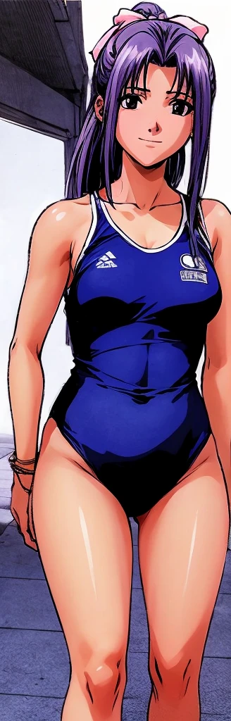 Momoko Koigakubo, a tall girl with beautiful legs, is standing by the pool with a smile on her face in a blue high-cut competitive swimsuit with the arena logo on it.。