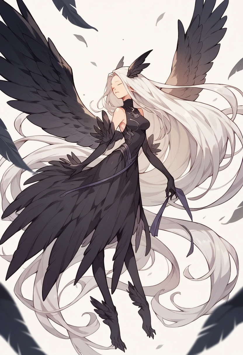 Humanoid creature, black wings, very long White hair, closed eyes