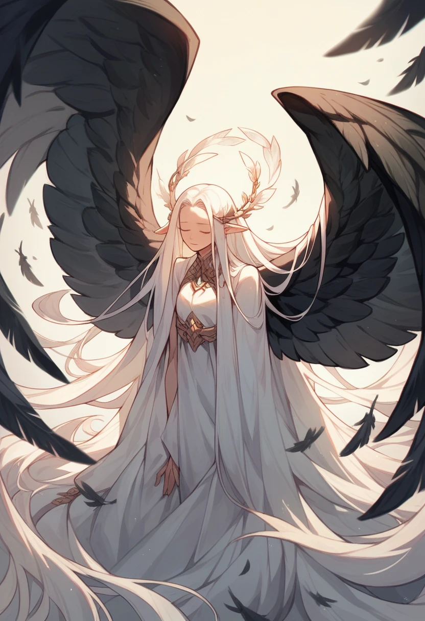 Humanoid creature, black wings, very long White hair, closed eyes