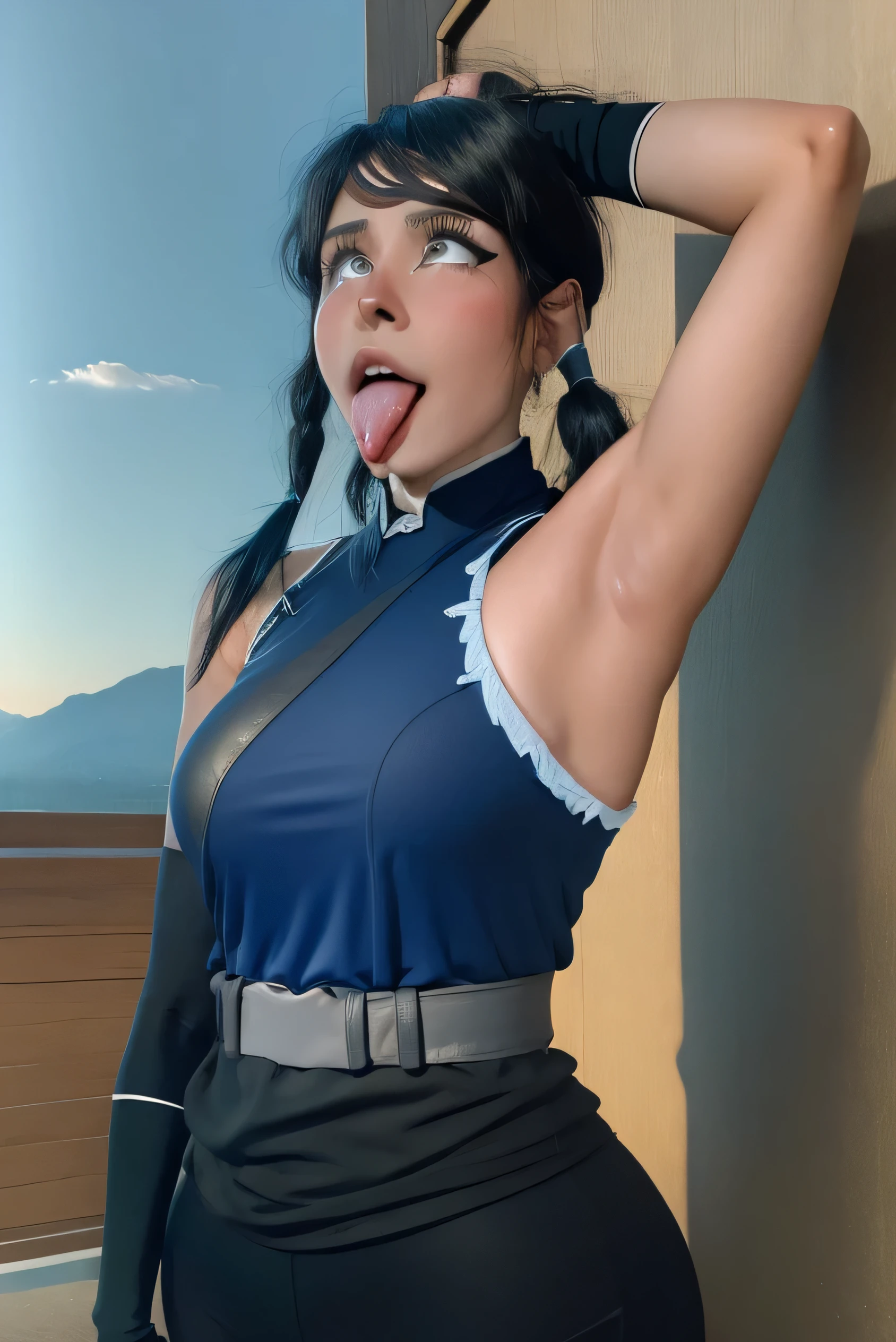 1 girl, standing, beautiful Korra,18 years old, Cups, Black thighs, arm warmers, , shorts, black hair, big chest, big ass, medium breasts,capture anime screen, Korra is 18 years old, mature appearance,armpits,sweat,sweaty,sweaty armpits,arms up,showing armpits,awesome armpits,outfit, black arm warmers, black arm bands, arm warmers