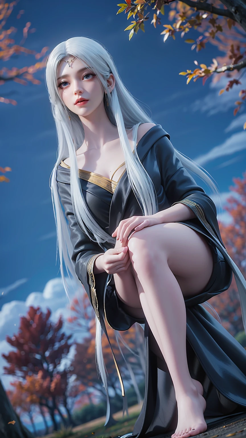 Arad woman in a dress sitting on a throne, cute anime waifu in a nice dress, trending on cgstation, 8K high quality detailed art, anime barbie in white, highly detailed exquisite fanart, Extremely detailed Artgerm, the anime girl is crouching, Flowing magic robe, Beautiful and attractive anime woman, WLOP 和 Sakimichan,((White hair)),((Black robe))