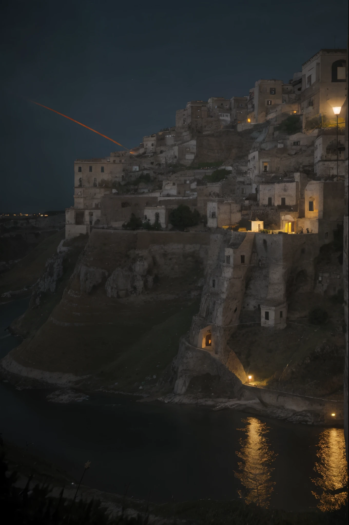 Moonlight landscape by the river (art by Pieter Jansz van Ruyven and Aleksandr Makovsky and Dan Witz:1.2), in sassi_di_matera, 
(collaboration and goal-driven and intergalactic and emerald and wild atmosphere, hovering lights, aesthetic of realism and indigenous australian art:0.1),
leading lines,  out-of-the-box masterful creation with skillful details,
(hooker's green and blue-green colors:0.1), a nice looking young guy
