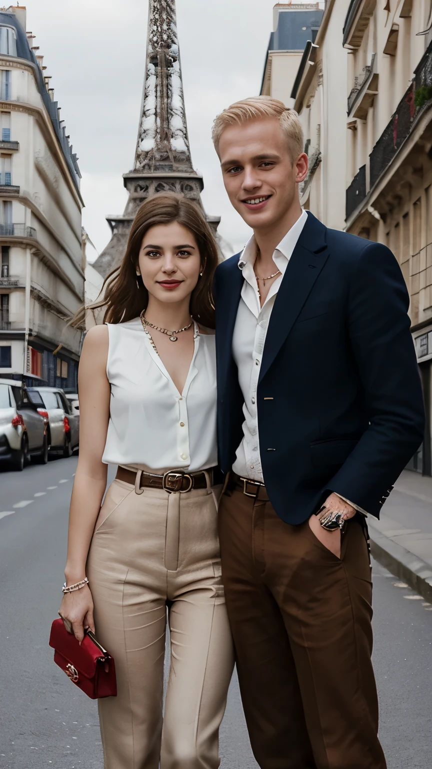 Front view, Full-body, couple is standing pose , on street , in Paris, looking Eiffel Tower, 1970 years ,(1 male and 1 female is exist), (1 male Englishman, 1 boy is 28 age old), ( blond hair, long hair, handsome face, smile ), French gentleman ( blue suit style, suit , vest, pants, (brown  shoes)), 1man and 1 woman is couple, each other love,  (A Parisian girl , 18 age, beautiful girl, Parisian girl, 18 years-old, height 175 cm), (light brown hair , blew eye, Buzz cut hair, smile ), (middle breasts, slender whist, middle hip), (White beautiful blouse :1.3), （Red mini skirt: 1.3), (Red enamel Chanel Boots), (small pearl neckless, lady's watch ), (a Chanel shoulder bag), (super detail, high details, high quality, accurate, anatomically correct, textured skin, beautiful fingers super detail, high details, high quality, best quality), 