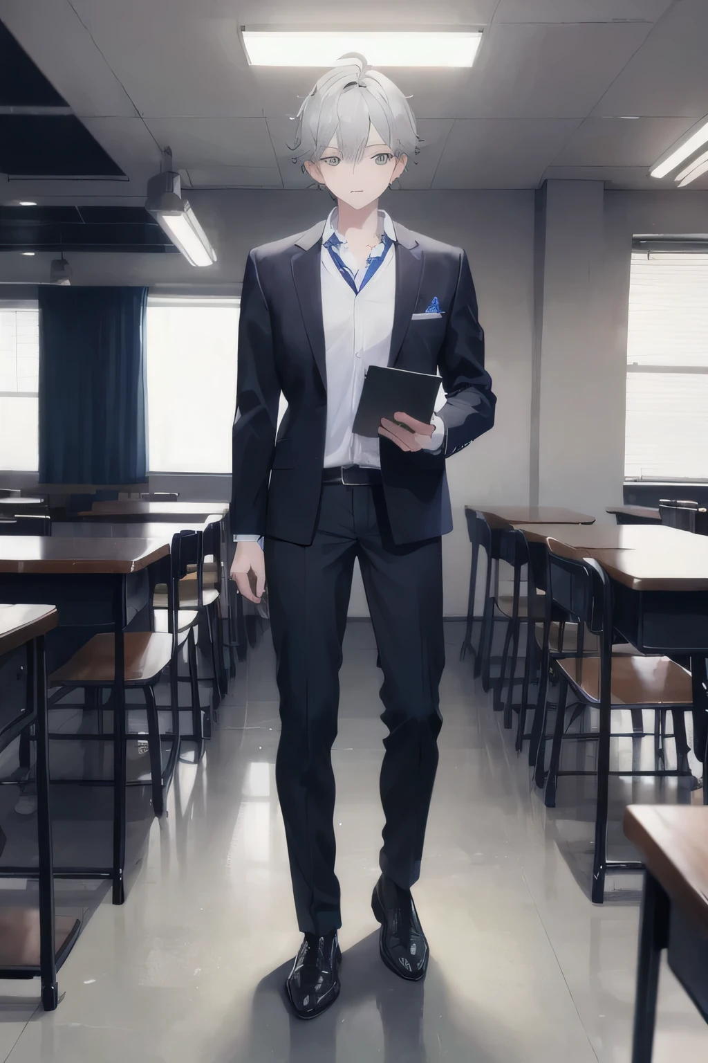 (One male), ((Highest quality)), ((masterpiece)), (detailed), Detective's son、 full body, stand up,a notepad、male、high school student、((Active male))、blazer、Grey Hair、Strengthen your eyes